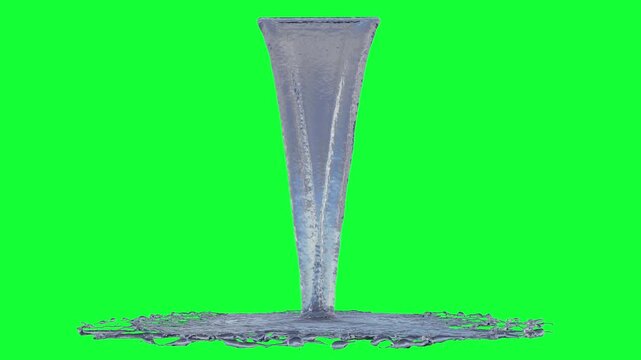 water stream falling on Green Screen

3d rendering thin vertical water stream forming branching droplets and splashes with delicate falling motion on full green screen background
