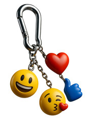 Colorful keychain featuring emoji charms with smiley face, heart, and thumbs up symbol hanging on a metal clip