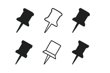 Corkboard Pin Logos. Corkboard pin. Icon set. Set Logo of Corkboard pin: Curved pin shape. harmonious logo variations of the same emblematic concept (Filled