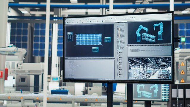 Tracking program on screen in photovoltaics factory used for designing production lines for solar panel assembly facility. Simulation software on monitor in empty solar panels plant