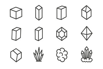Crystal Shape Icons. Crystal shapes. Line icon set of crystal shapes: cubic, hexagonal prism, tetragonal prism, orthorhombic, monoclinic, triclinic,