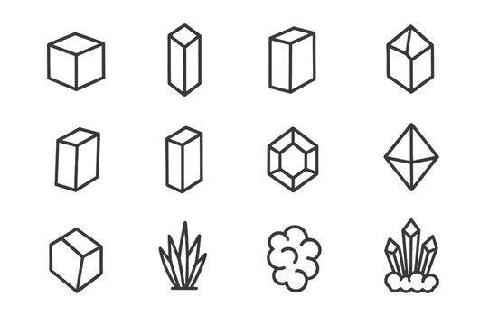 Crystal Shape Icons. Crystal shapes. Line icon set of crystal shapes: cubic, hexagonal prism, tetragonal prism, orthorhombic, monoclinic, triclinic,