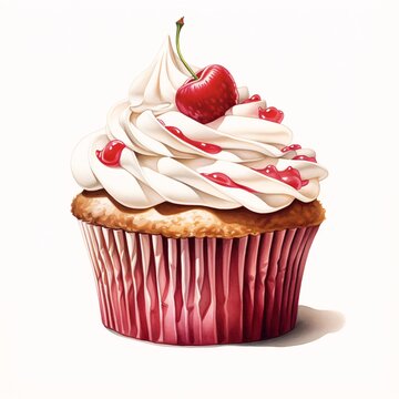 Delicious cupcake with creamy frosting and cherry topping on white background
