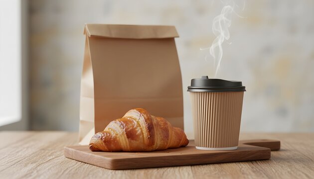 A fresh croissant and a steaming hot coffee in a disposable cup on a wooden board.