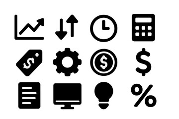 Dynamic Pricing Icons. Dynamic Pricing. Solid icon set of Dynamic Pricing: chart line, arrows, clock, calculator, tag, gear, coin, dollar symbol, data sheet,