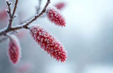 Red sumac seed heads freeze on branch in winter cold. Frost covers plant against soft blue sky backdrop. Frozen nature detail shows icy texture on seed clusters.