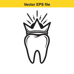 Hand drawn black and white vector icon of a tooth wearing a royal crown with shining rays, symbolizing dental health and perfection, isolated on white background