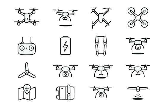 Drone Fleet Icons. Drone Fleet. Line icon set of Drone Fleet: multiple drones, quadcopters, drone in flight, drones in formation, controller, drone battery,