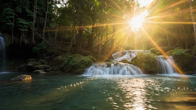 A girl stands by a serene waterfall, where crystal-clear water cascades gracefully over smooth rocks. Sunlight filters through the lush trees, reflecting on the tranquil pool below