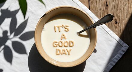 A breakfast bowl of cereal with the phrase "It's a Good Day" spelled out.