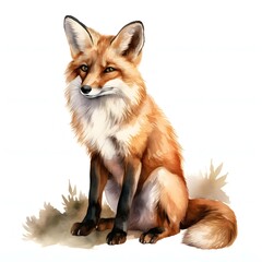 Obraz premium Watercolor portrait of a red fox with a fluffy tail sitting down on foliage