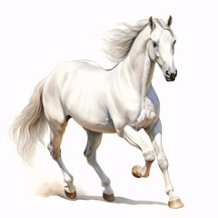 Obraz premium Elegant white horse running isolated against a white background in a watercolor style
