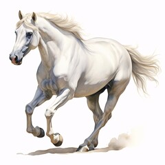 Obraz premium Elegant white horse gallops swiftly in watercolor style illustration on white background