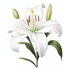 Obraz premium Elegant white lily blossom with delicate details isolated on a white background