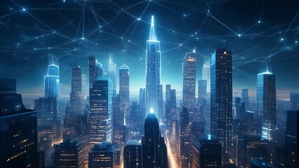 Digitally enhanced cityscape with network connections and glowing towers - Powered by Adobe