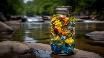 A vibrant jar filled with colorful wildflowers sits on a rock by a serene riverbank, surrounded by lush greenery