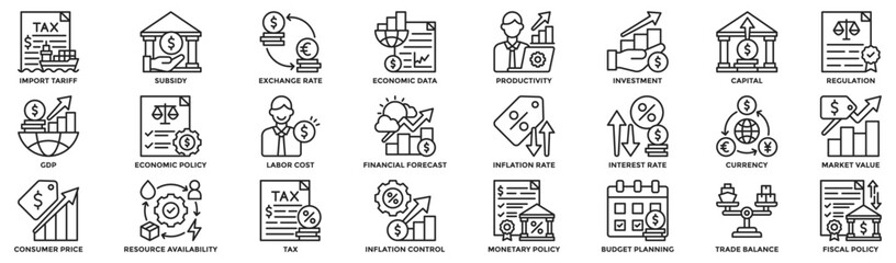Economic factors icon collection set. Containing GDP, inflation rate, tax, investment, regulation, import tariff, financial forecast, fiscal policy icon. Line style vector illustration.