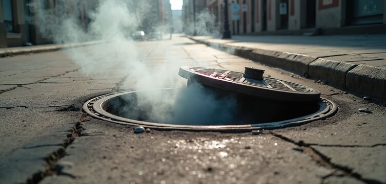 Open manhole cover with steam on a city street. Smoke comes out from sewer. Urban environment. Risk of accident. Danger from underground heat in town road. - Powered by Adobe
