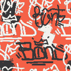 Vector Seamless pixel graffiti pattern with abstract tags, dithered texture. Urban, grunge, playful pixel art style perfect for backgrounds, textiles