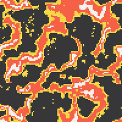 Seamless pixel lava vector pattern inspired by retro video games and anime aesthetics. Abstract liquid fire with dithered, noisy, grunge, nostalgic 8-bit
