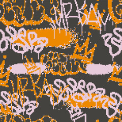 Vector Seamless pixel graffiti pattern with abstract tags, dithered texture. Urban, grunge, playful pixel art style perfect for backgrounds, textiles
