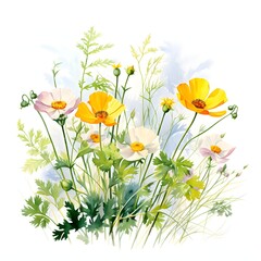 Fototapeta premium Floral arrangement featuring white and yellow poppies with green foliage