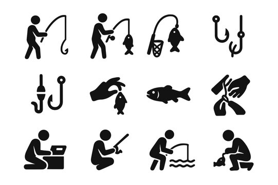 Fishing Icon Set. Fishing activity. Solid icon set of Fishing activity: casting rod, reeling fish, landing net, catching fish, baiting hook, unhooking fish,