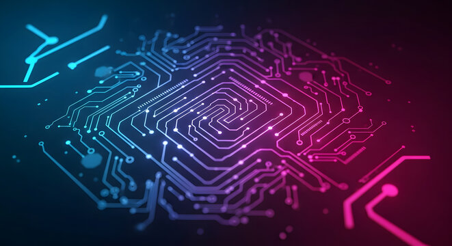 Abstract Circuit Board with Glowing Neon Lines - Technology and Digital Background - Powered by Adobe