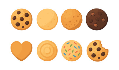 Fototapeta premium Cookie variety set, chocolate, sprinkles, flat vector illustration