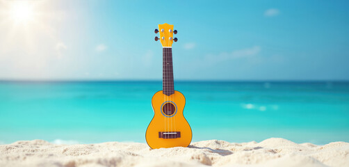 Yellow ukulele rests on sandy beach with bright blue ocean water and clear sky in background. Sunny summer day implies vacation fun and music.