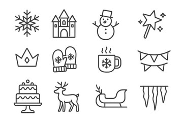 Frozen Icon Collection. Frozen-Themed Party for Kids and Families. Line icon set of Frozen-Themed Party for Kids and Families: snowflake, ice castle, snowman,