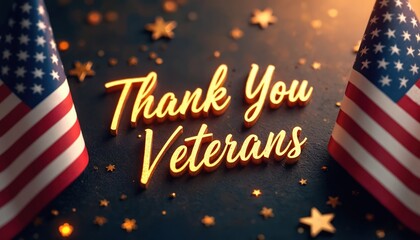 Golden text Thank You Veterans with American flags and stars on dark background. Patriotic message with USA flags. Veterans day celebration. American patriotism with flags and golden stars.