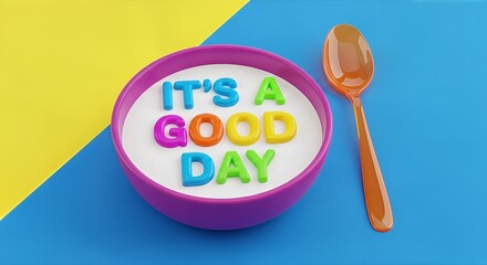 A bowl of cereal with colorful letter-shaped pieces spelling "It's a good day" sits next to an orange spoon on a blue and yellow background.