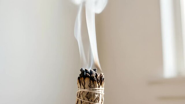 White sage smudge stick burning, smoke swirling gracefully for purification rituals, meditation, spiritual cleansing, aromatherapy, and holistic wellness practices creating a serene,