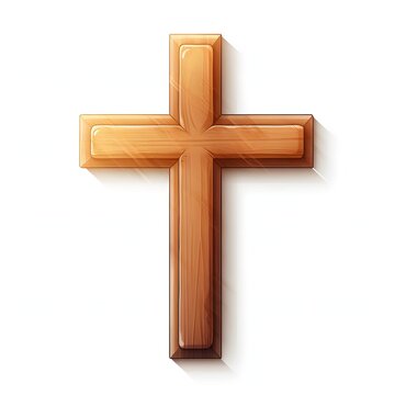 Wooden cross isolated on a white background casting a shadow