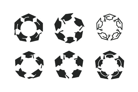Graduation Cap Icons. Graduation cap toss. Icon set. Set Logo of graduation cap toss: caps forming circle in the air. harmonious logo variations of the same