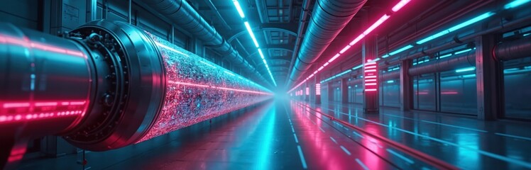 Futuristic data pipeline transmits glowing information stream in high tech cyber tunnel. Digital network infrastructure with blue, red neon lights. Represents fast data transfer, big data processing,