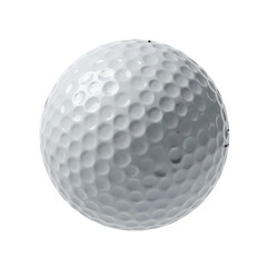 A single, used golf ball with visible dimples, isolated against a white background, showing wear and tear.
