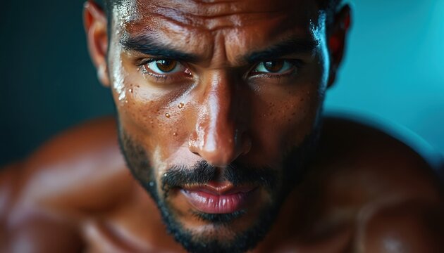 Sweaty muscular man with beard and mustache looks intensely forward. His eyes are focused, face and body are wet with sweat. The man appears to be in the middle of a workout or exercise. - Powered by Adobe