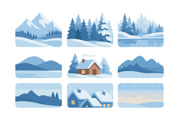 Naklejka premium Winter landscape scenes, mountains, snow, flat vector illustration