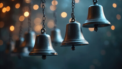 Obraz premium Silver bells hang from chains in soft light. Shiny metal reflects glow. Blurred warm bokeh lights create festive atmosphere. Holiday decoration for Christmas New Year celebration. Perfect for cozy