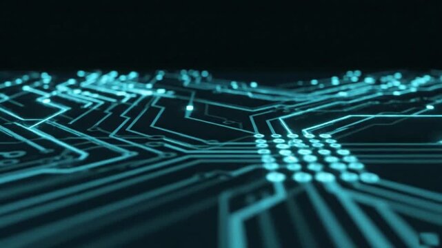 A close up shot of a blue glowing circuit board pattern on a dark background in a futuristic style