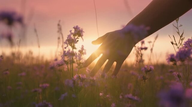 Hand reaching towards flowers at sunset nature and freedom concept