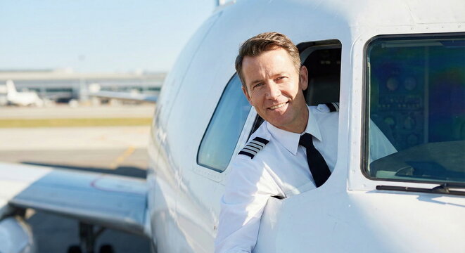 Smiling pilot in uniform leans from a private jet cockpit window on an airport tarmac, embodying professionalism and luxury travel. - Powered by Adobe