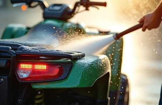 ATV vehicle gets washed. Green quad bike cleaning with hose. Person cares for their offroad ride. Car wash process. Automotive detail. Shine after cleaning dirty vehicle.
