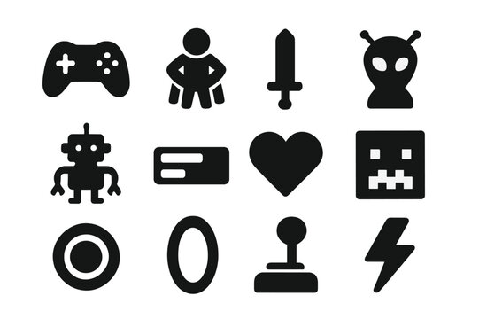 Fototapeta Iconic Game Symbols. Video Game Characters. Solid icon set of Video Game Characters: game controller, hero, sword, alien, robot, health bar, heart, pixel face,