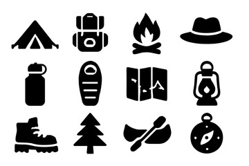 Kids Camp Essentials. Kids Summer Camp. Solid icon set of tent, backpack, campfire, hat, water bottle, sleeping bag, map, lantern, hiking boots, tree, canoe,