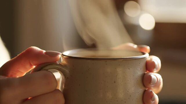 Close-up of a persons hands holding a steaming mug, capturing the warmth and comfort of a hot beverage on a cool day.