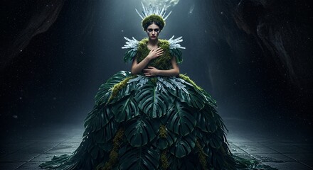 A woman wearing a gown made of lush green leaves sits regally, adorned with a leafy crown, in a dimly lit, mysterious setting.