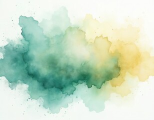 Abstract watercolor splashes in teal and yellow blend on white background. Soft cloudy texture with paint drips and speckles for artistic design.